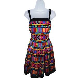 Vintage 80s A.J. Bari Silk Party Dress Drop Waist Colorful Geometric New Wave